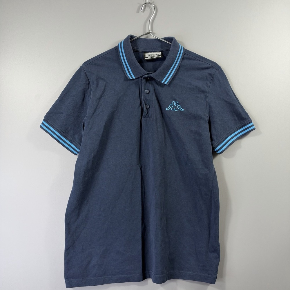 Kappa Polo Shirt Mens Medium Blue Stripe Collar Logo Short Sleeve Pique Knit